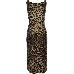 Brown Sleeveless Midi Dress with All-Over Leopard Print in Silk Stretch for Women