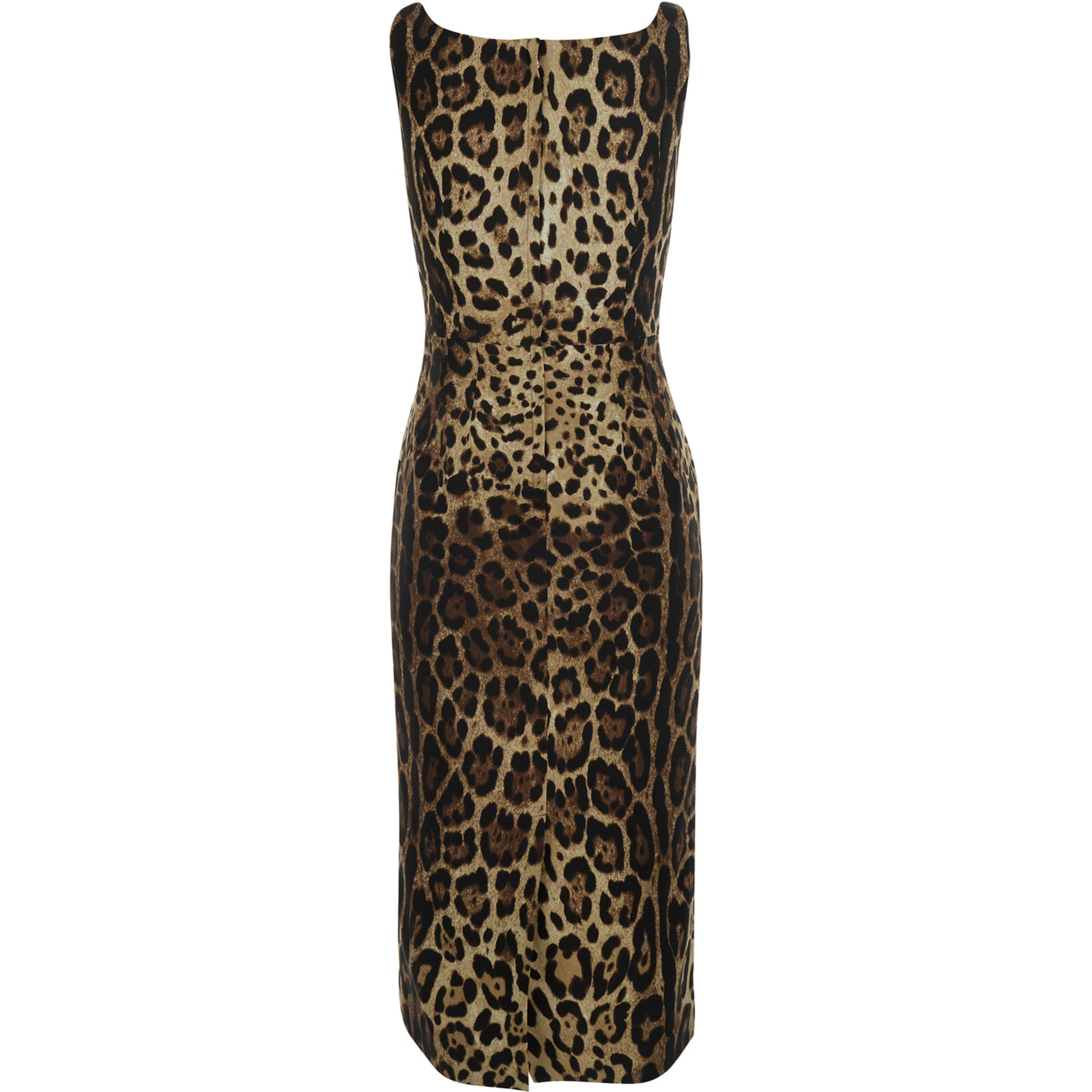 Brown Sleeveless Midi Dress with All-Over Leopard Print in Silk Stretch for Women