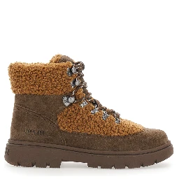 Combat Boot Brown ankle boots with logo lettering on the back and fleece details in suede women