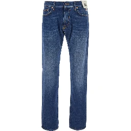 Blue Jeans with logo patch on the back and Contrasting stitching in denim for men
