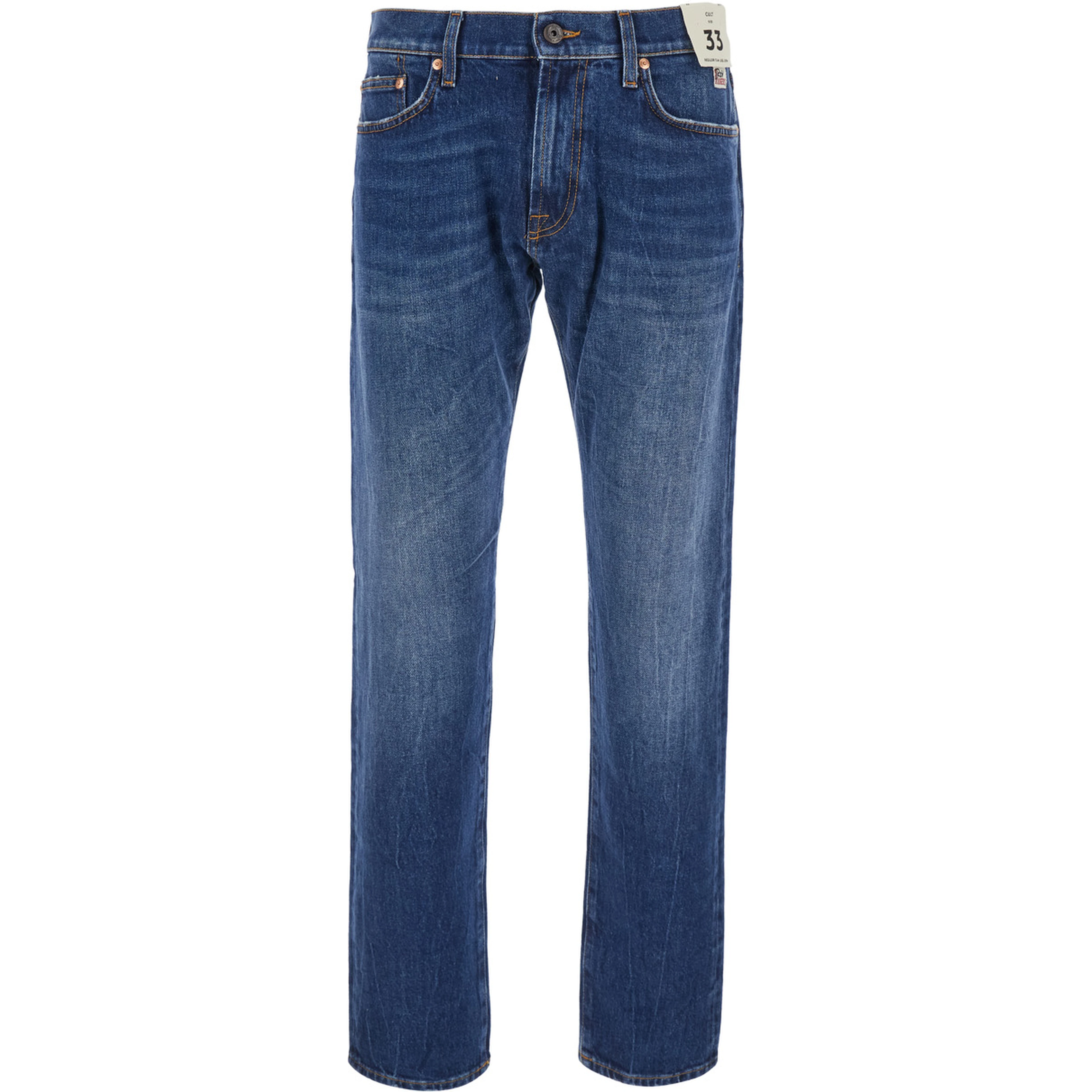 Blue Jeans with logo patch on the back and Contrasting stitching in denim for men