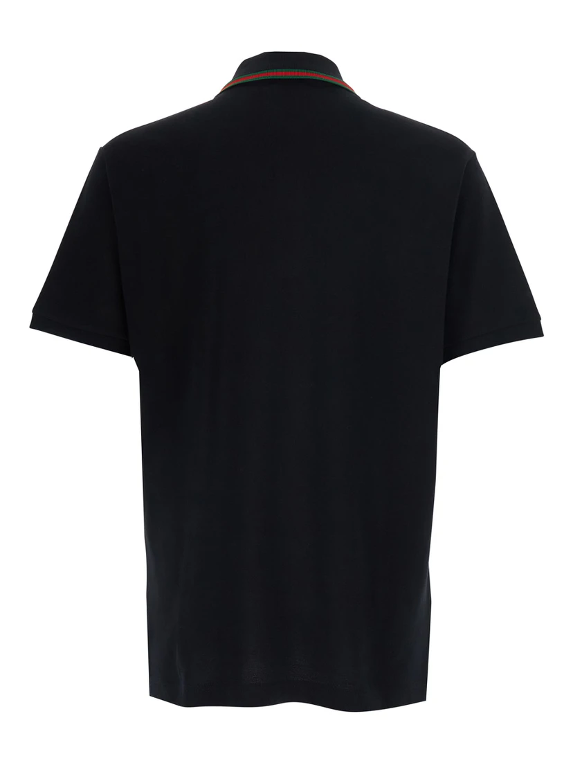 Black Polo Shirt with Web Collar and Short Sleeves in Cotton for Men