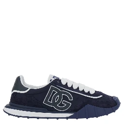 Atletic Blue Sneakers with logo lettering on the back and logo patch on the side in suede and Tech Fabric for men