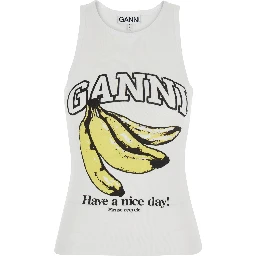 White Sleeveless top with logo lettering print and bananas on the front in cotton for women
