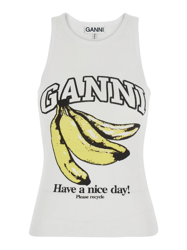 White Sleeveless top with logo lettering print and bananas on the front in cotton for women