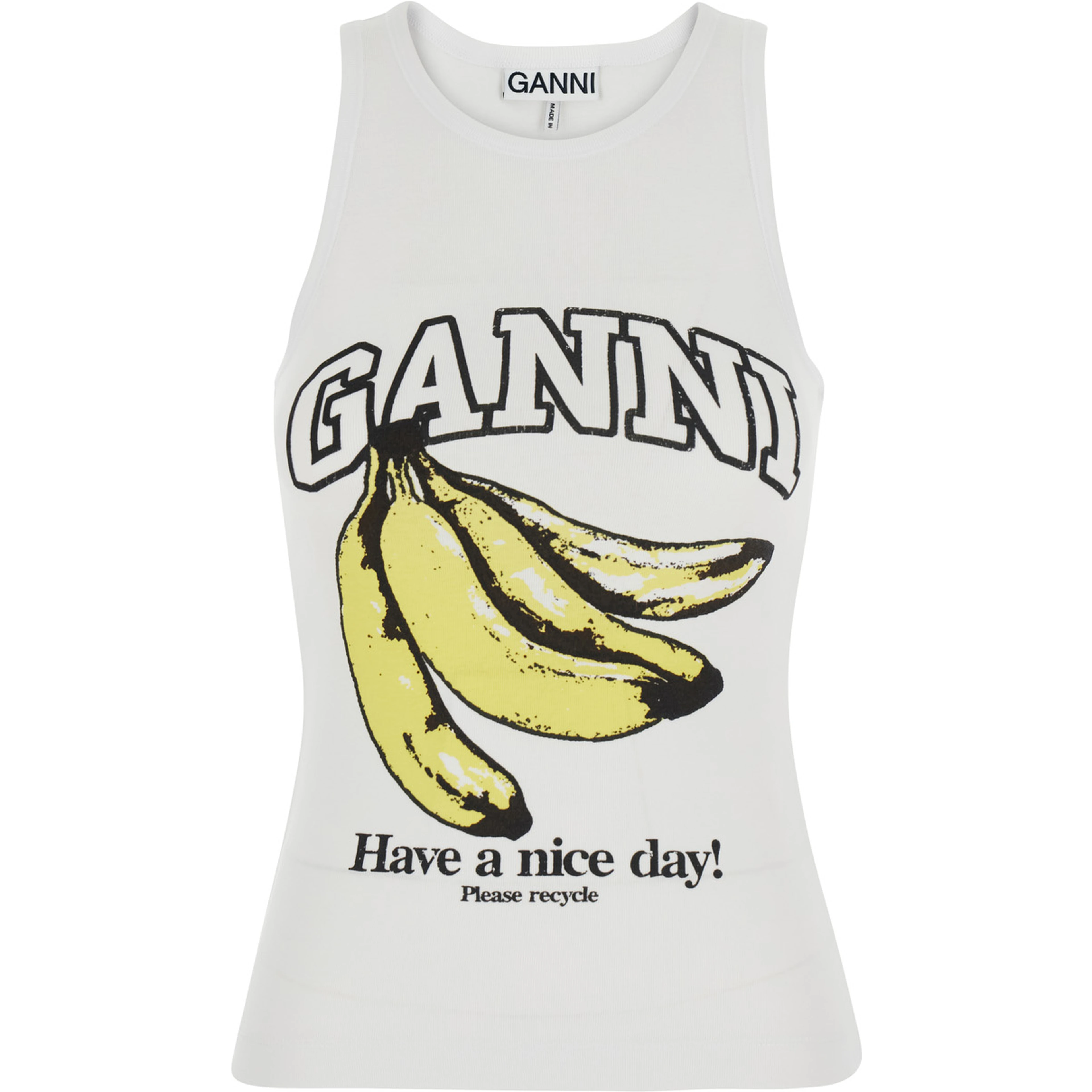 White Sleeveless top with logo lettering print and bananas on the front in cotton for women