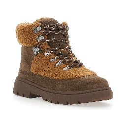 Combat Boot Brown ankle boots with logo lettering on the back and fleece details in suede women