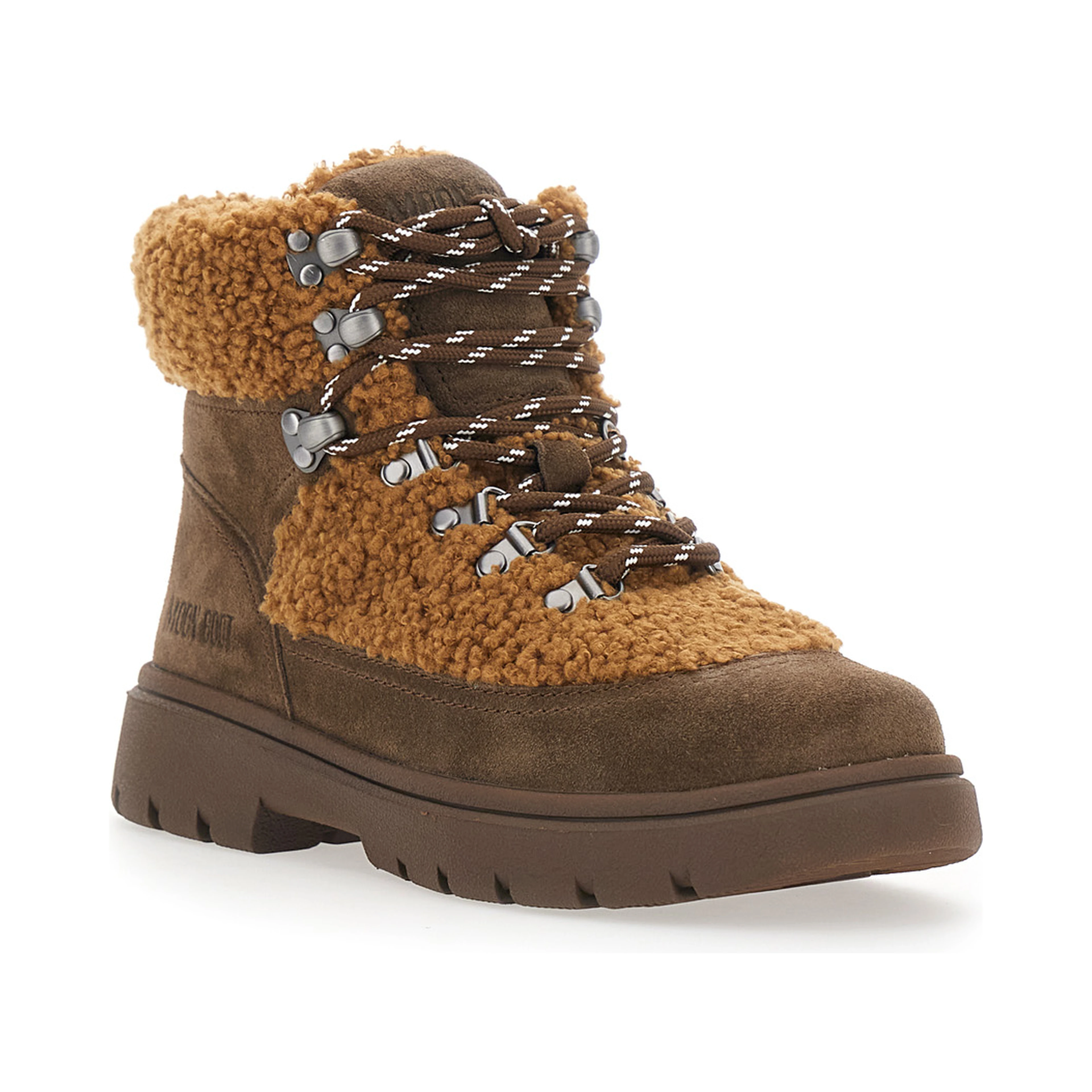 Combat Boot Brown ankle boots with logo lettering on the back and fleece details in suede women