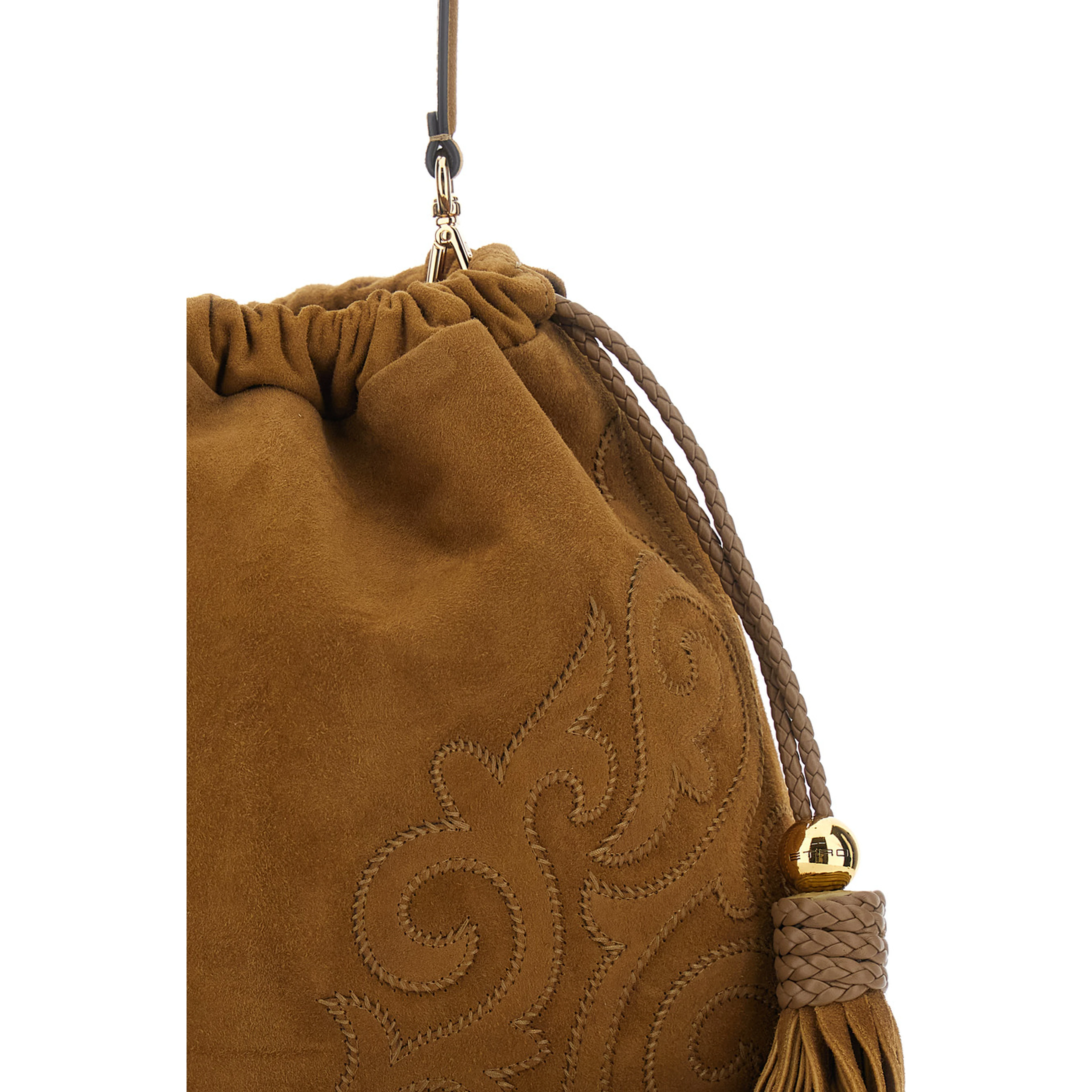 Kalispera Brown Shoulder bag with Drawstring Closure and Tassels on the Front in Suede for Women