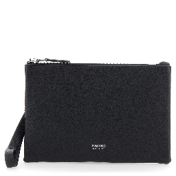 Black Clutch with wrist strap and Logo lettering on the front in leather for men