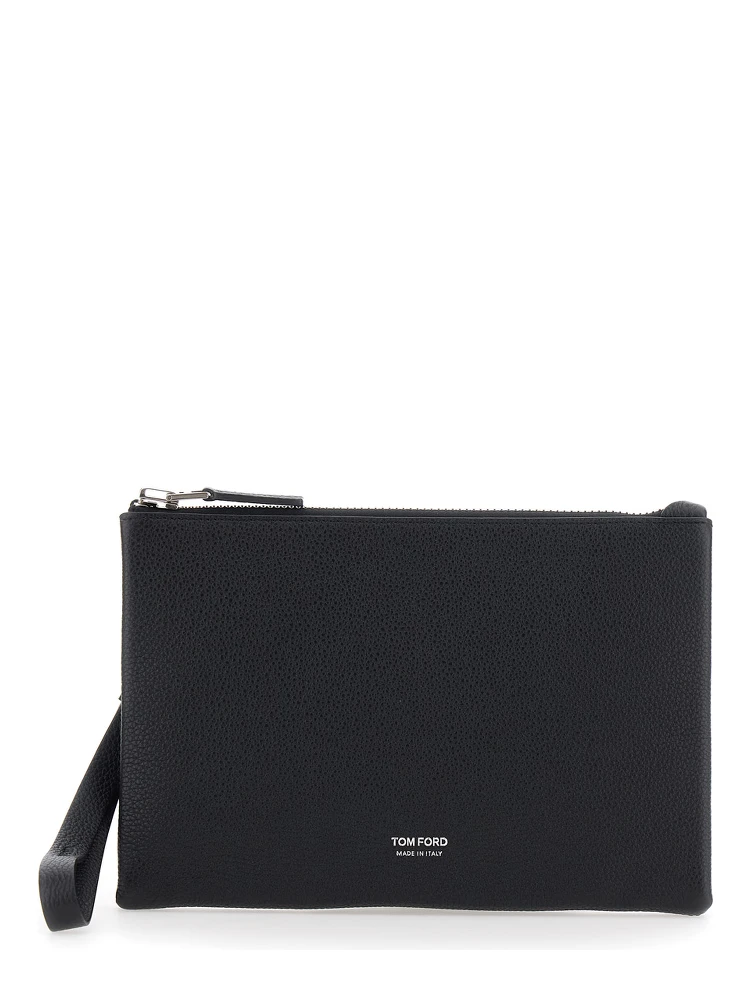 Black Clutch with wrist strap and Logo lettering on the front in leather for men
