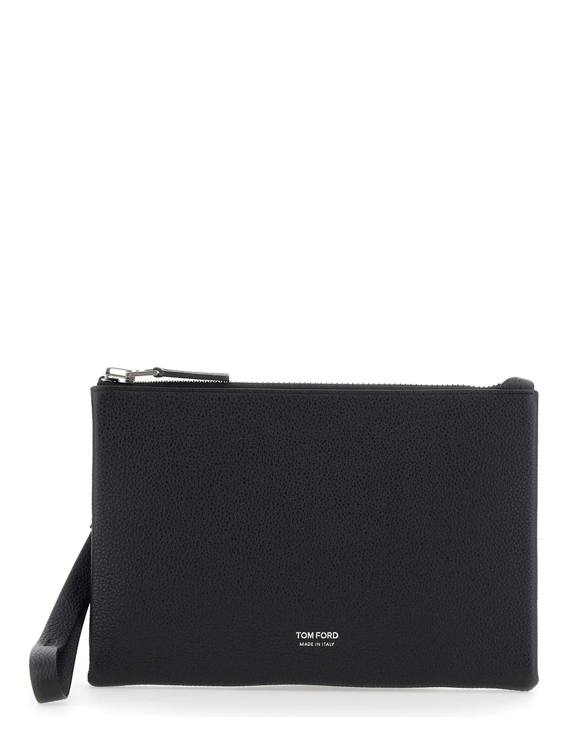 Black Clutch with wrist strap and Logo lettering on the front in leather for men