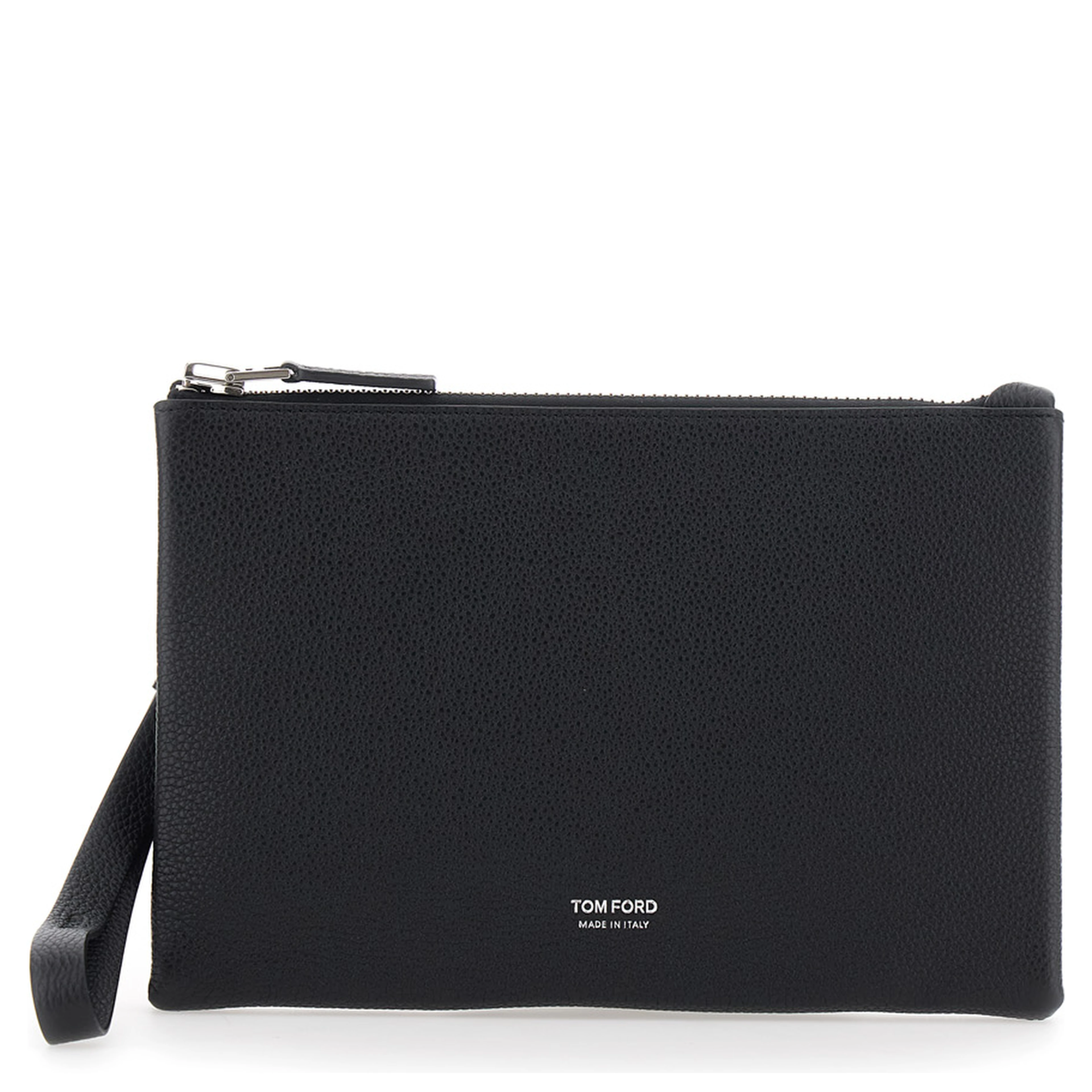 Black Clutch with wrist strap and Logo lettering on the front in leather for men