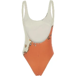 Orange and white swimsuit with Stolen Jewelry print and bicolor design in tech fabric for women