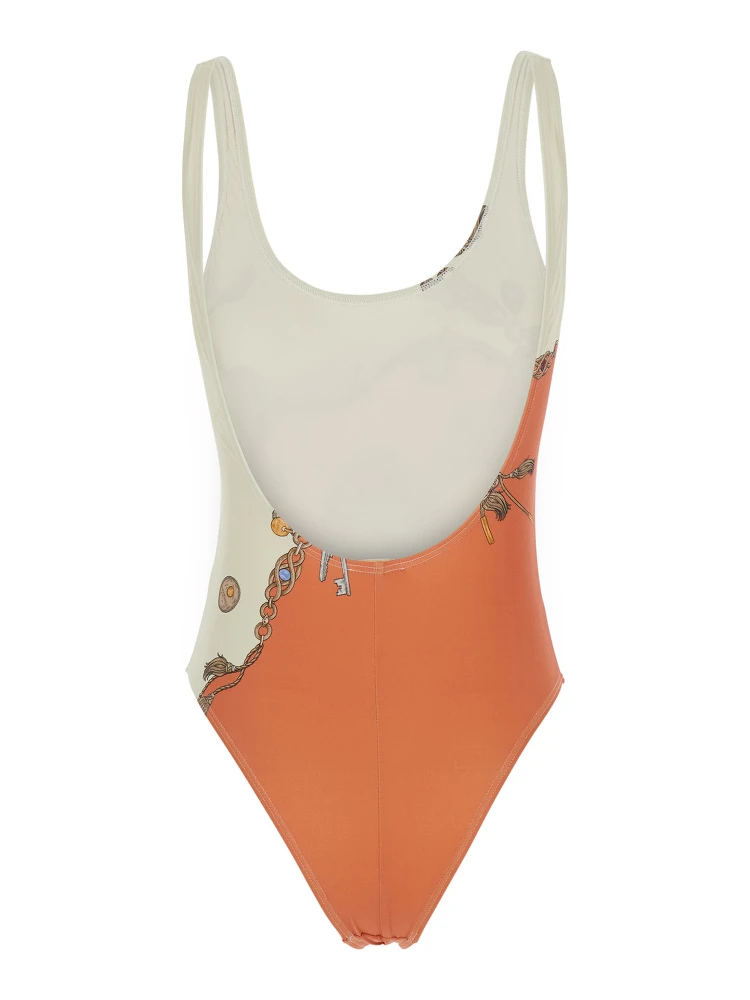 Orange and white swimsuit with Stolen Jewelry print and bicolor design in tech fabric for women