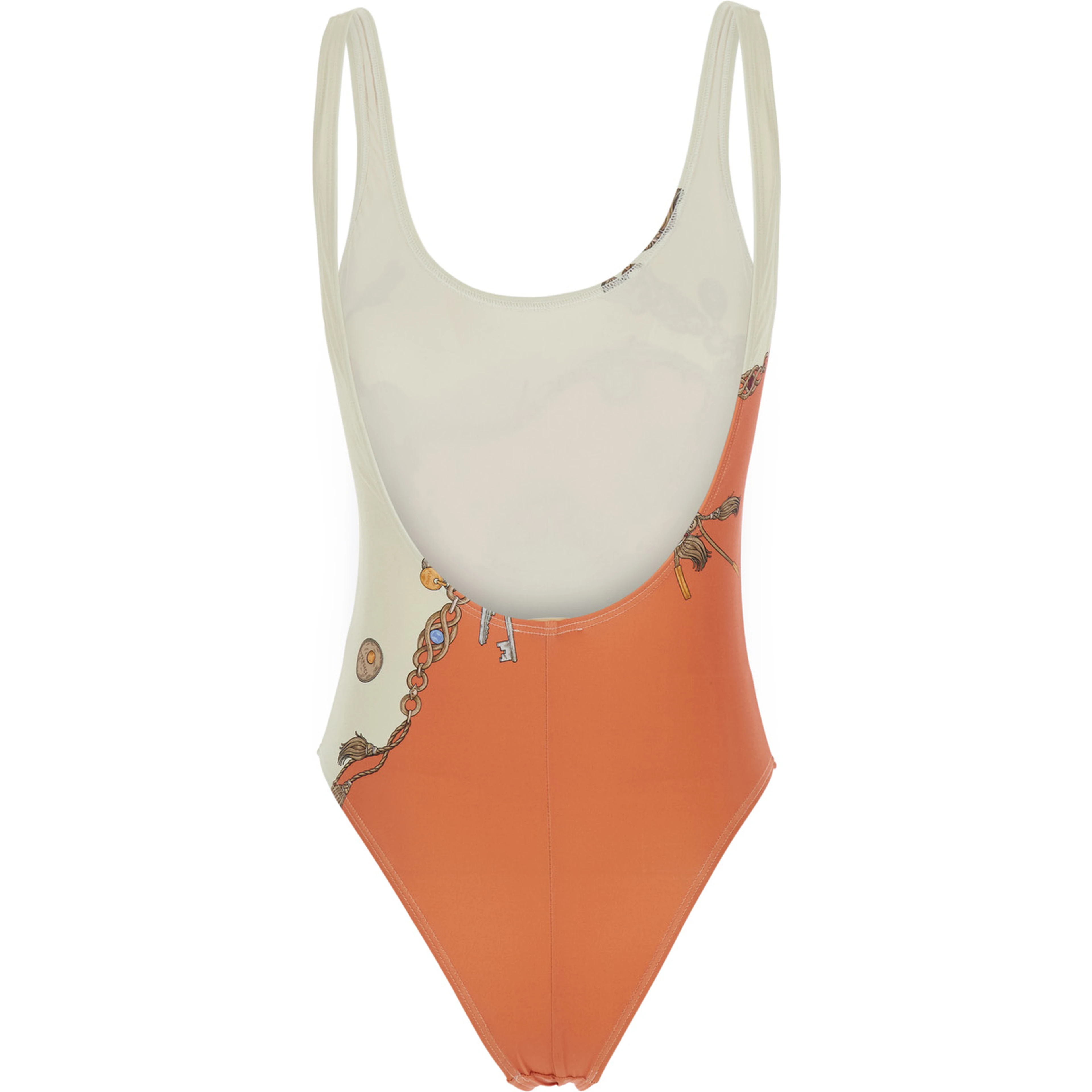 Orange and white swimsuit with Stolen Jewelry print and bicolor design in tech fabric for women