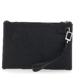 Black Clutch with wrist strap and Logo lettering on the front in leather for men