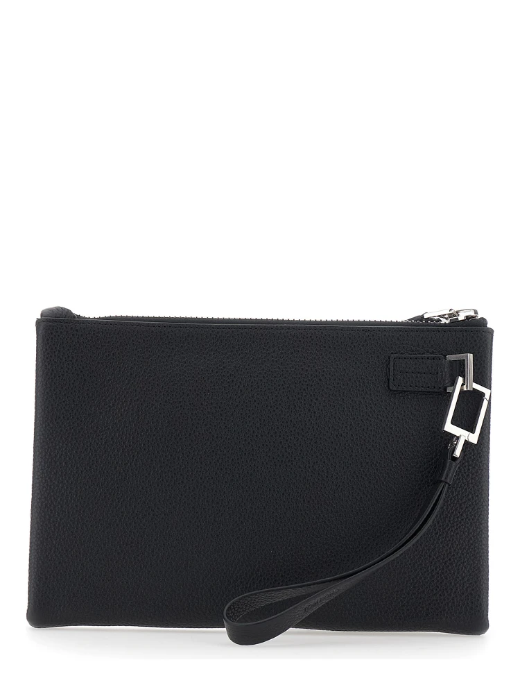 Black Clutch with wrist strap and Logo lettering on the front in leather for men alternative