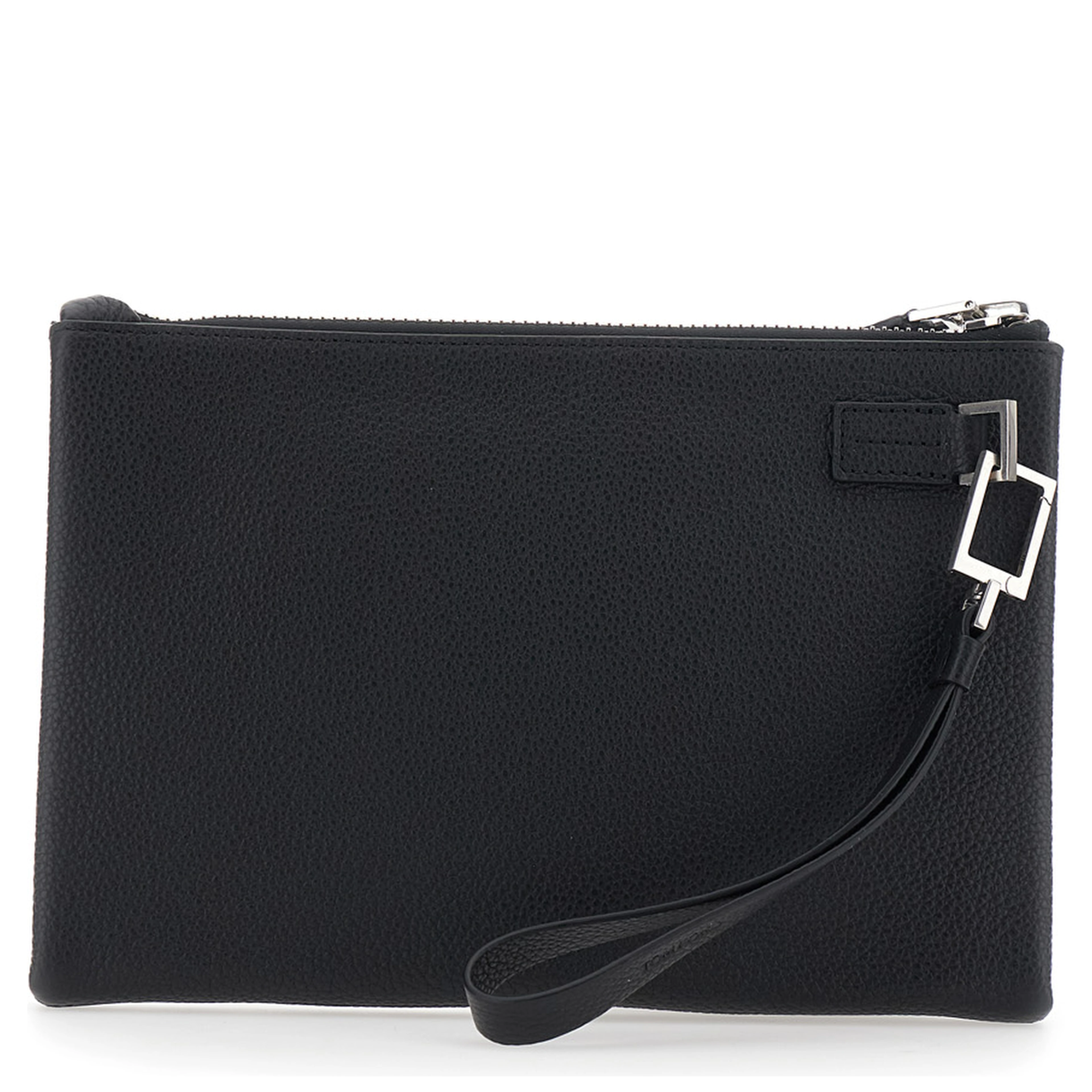 Black Clutch with wrist strap and Logo lettering on the front in leather for men