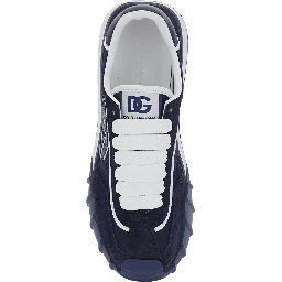 Atletic Blue Sneakers with logo lettering on the back and logo patch on the side in suede and Tech Fabric for men