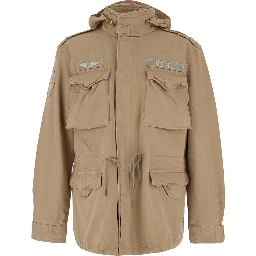 Brown Jacket with removable hood and four flap pockets on the front in cotton for men