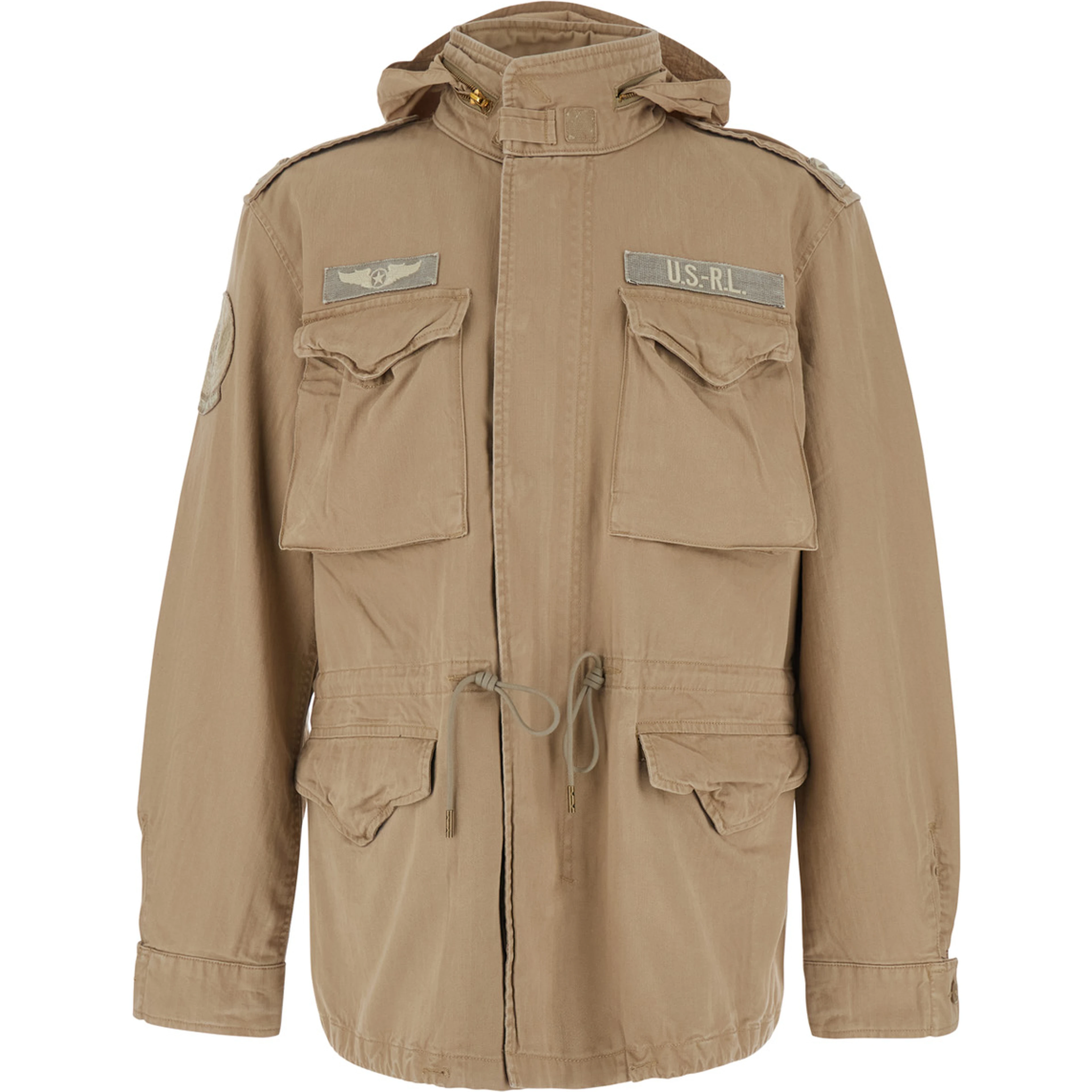 Brown Jacket with removable hood and four flap pockets on the front in cotton for men