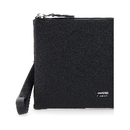 Black Clutch with wrist strap and Logo lettering on the front in leather for men