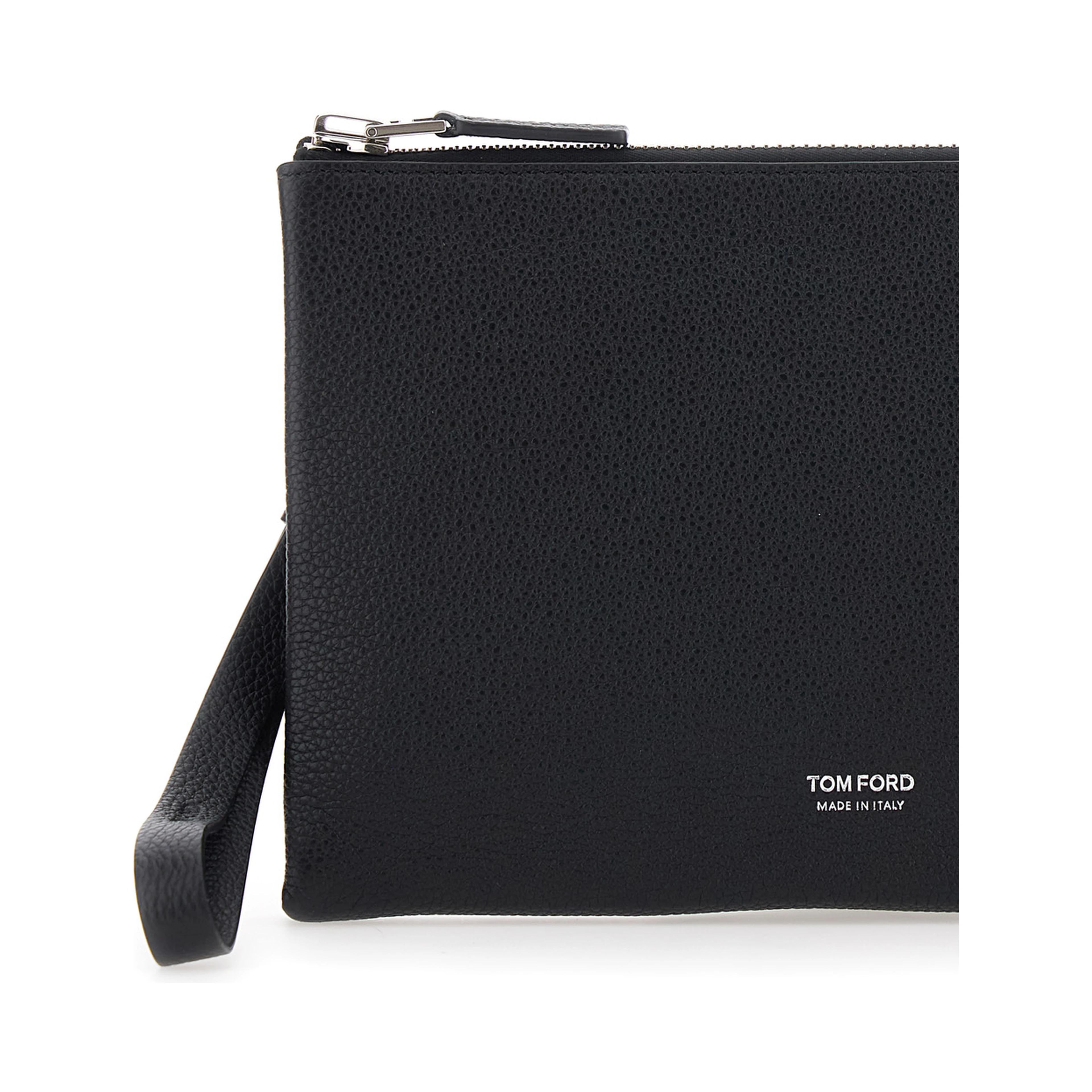 Black Clutch with wrist strap and Logo lettering on the front in leather for men