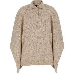Beige Cape with wide collar and button in Blend wool for women