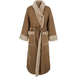 Beige Long fur coat with reversible design and waist belt in eco-fur for women