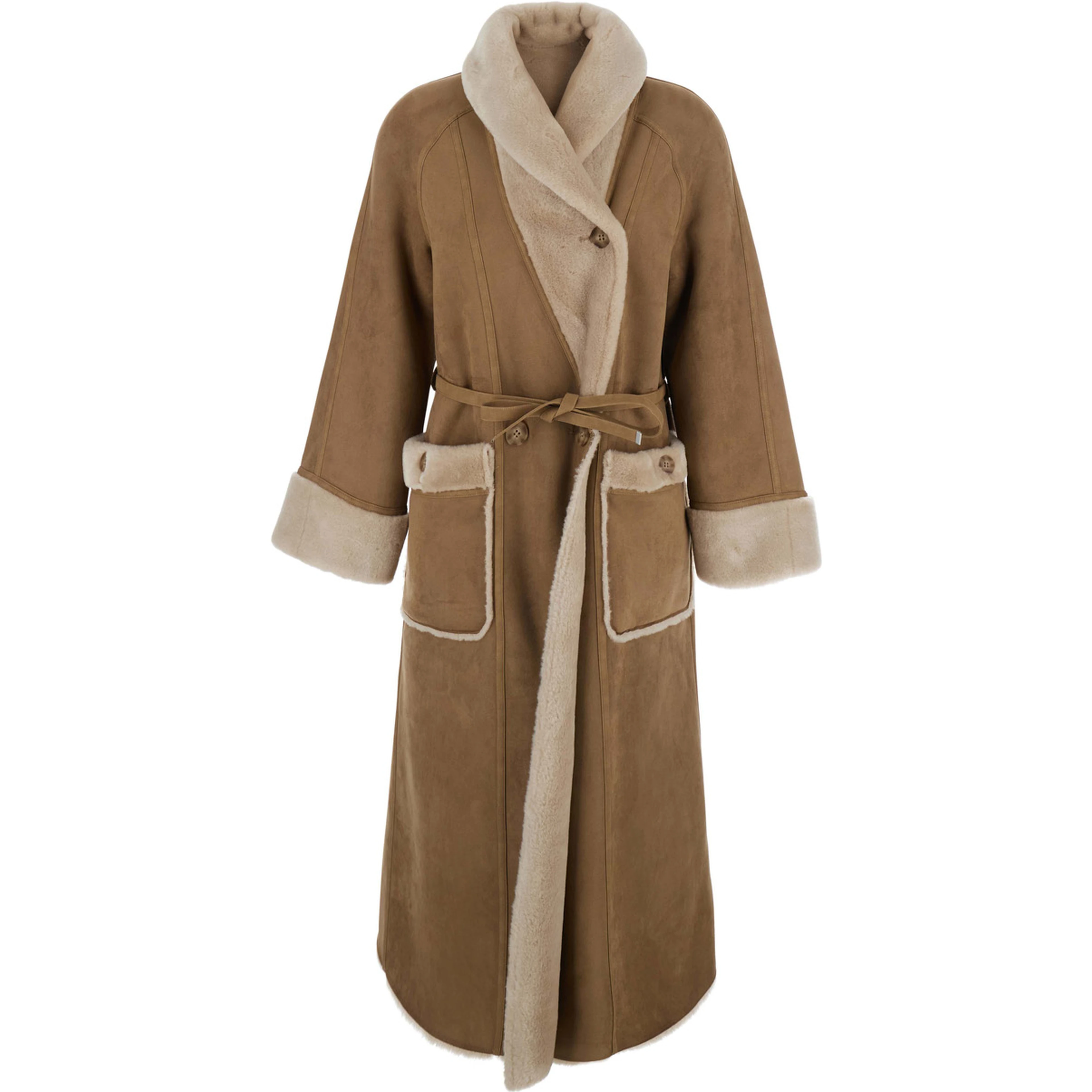 Beige Long fur coat with reversible design and waist belt in eco-fur for women