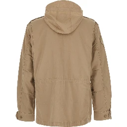 Brown Jacket with removable hood and four flap pockets on the front in cotton for men