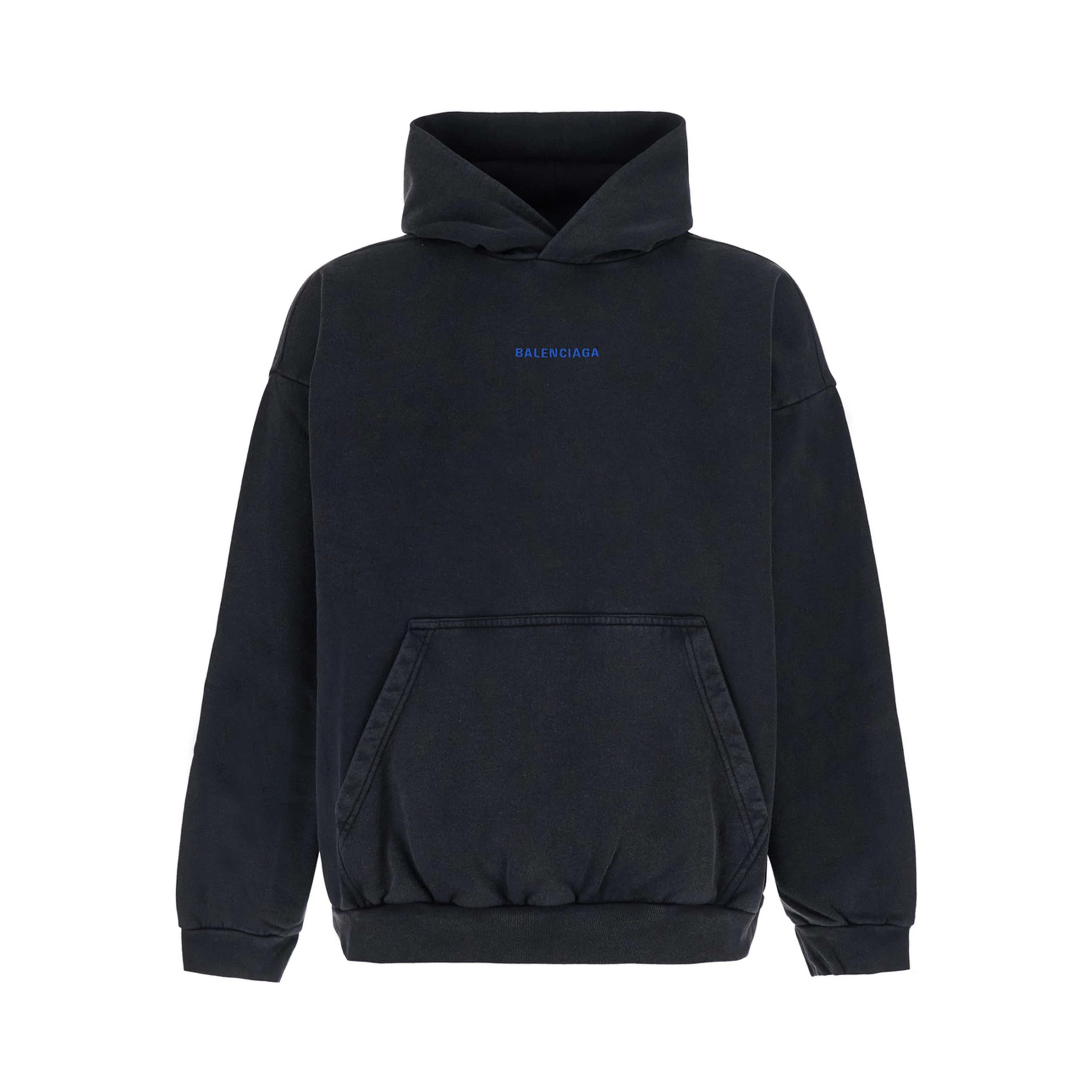 Black hoodie with fixed hood and logo lettering on the front and back in cotton men