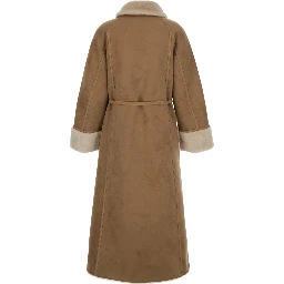 Beige Long fur coat with reversible design and waist belt in eco-fur for women