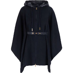 Blue Cape with Removable Hood and Front Belt in Tech Fabric for Women