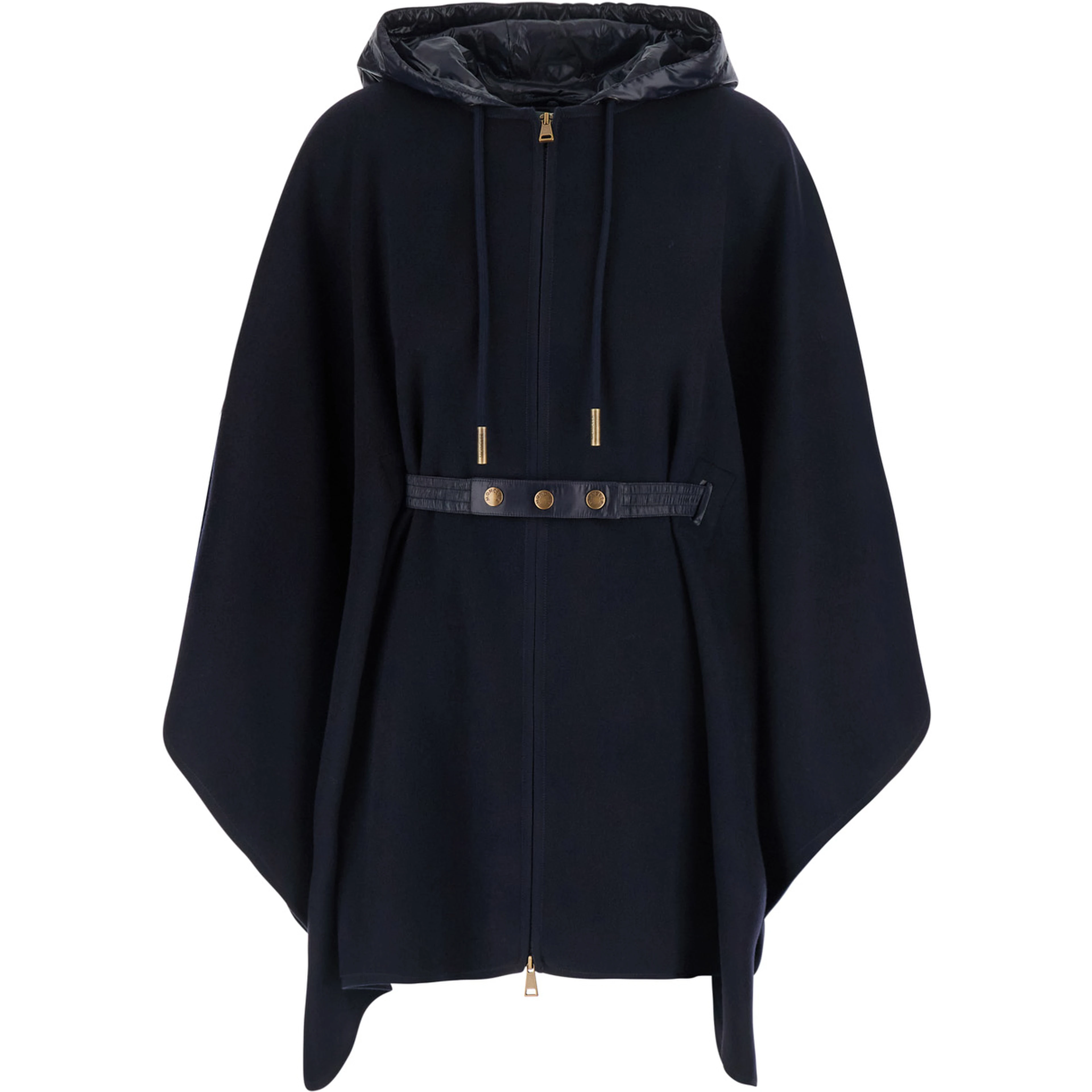 Blue Cape with Removable Hood and Front Belt in Tech Fabric for Women
