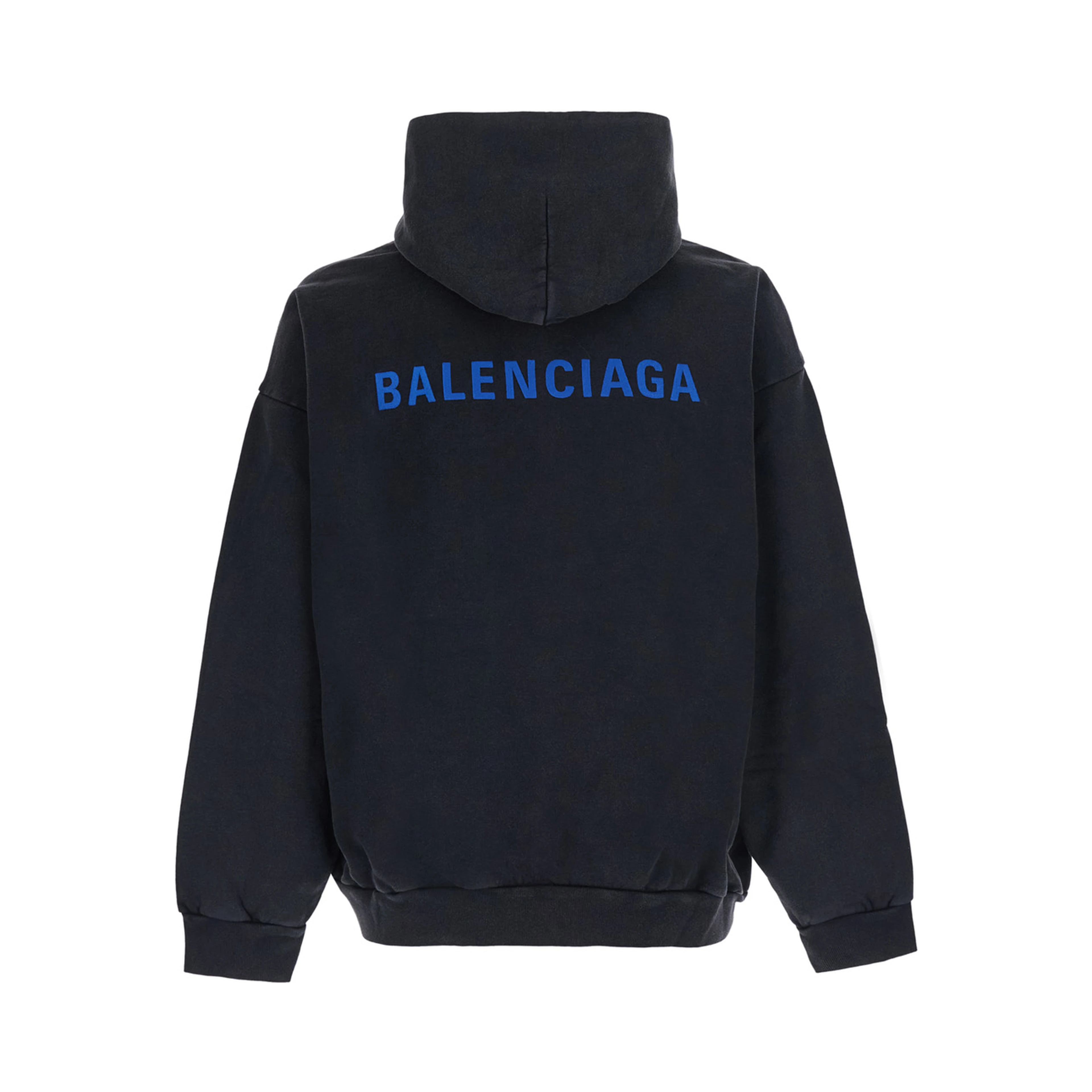 Black hoodie with fixed hood and logo lettering on the front and back in cotton men
