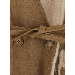 Beige Long fur coat with reversible design and waist belt in eco-fur for women