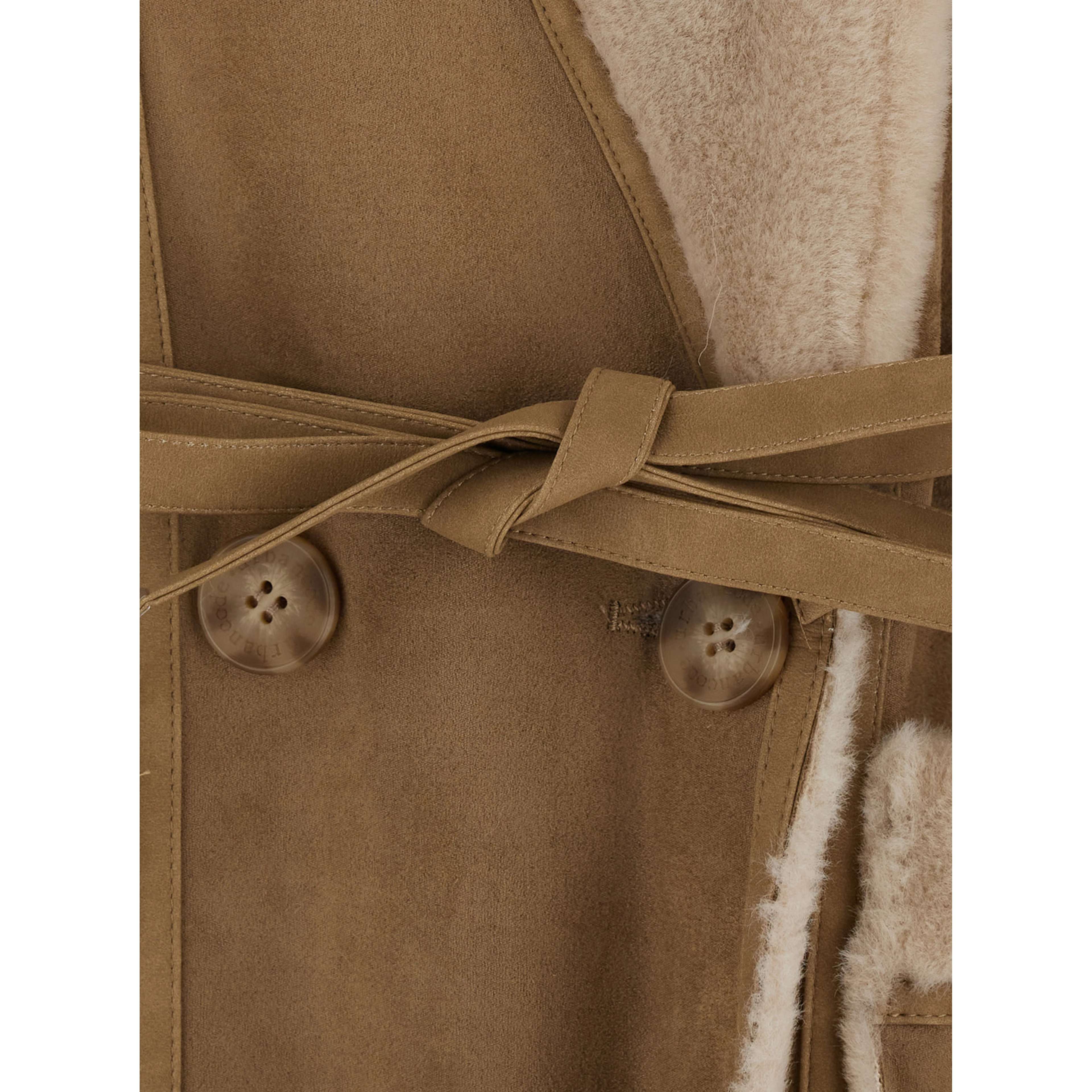 Beige Long fur coat with reversible design and waist belt in eco-fur for women