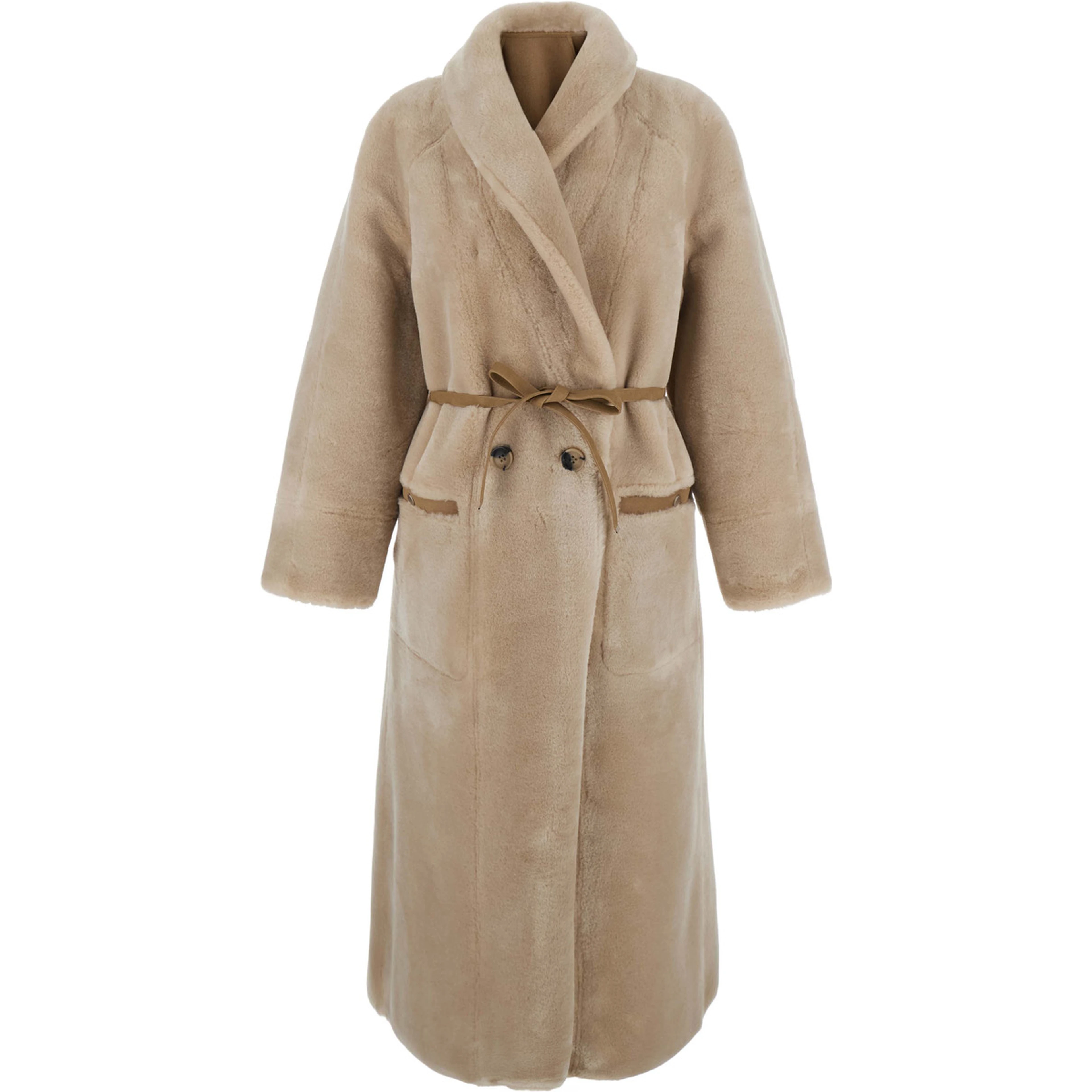 Beige Long fur coat with reversible design and waist belt in eco-fur for women