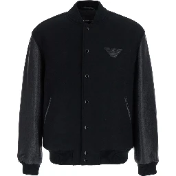 Black Varsity jacket with logo patch on the chest in leather and wool Men