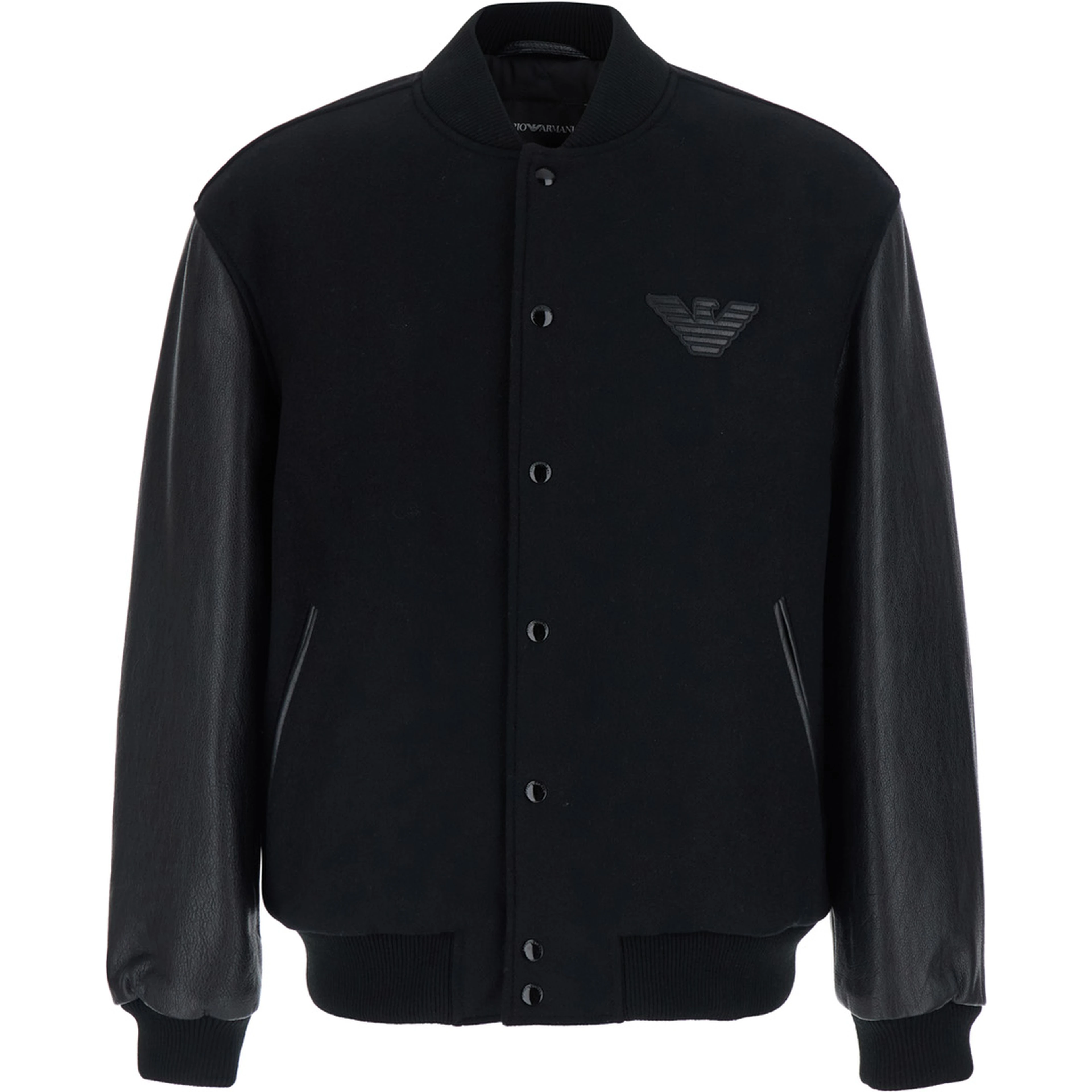 Black Varsity jacket with logo patch on the chest in leather and wool Men