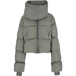 Gray Down jacket with high collar and two welt pockets on the front in tech fabric for women