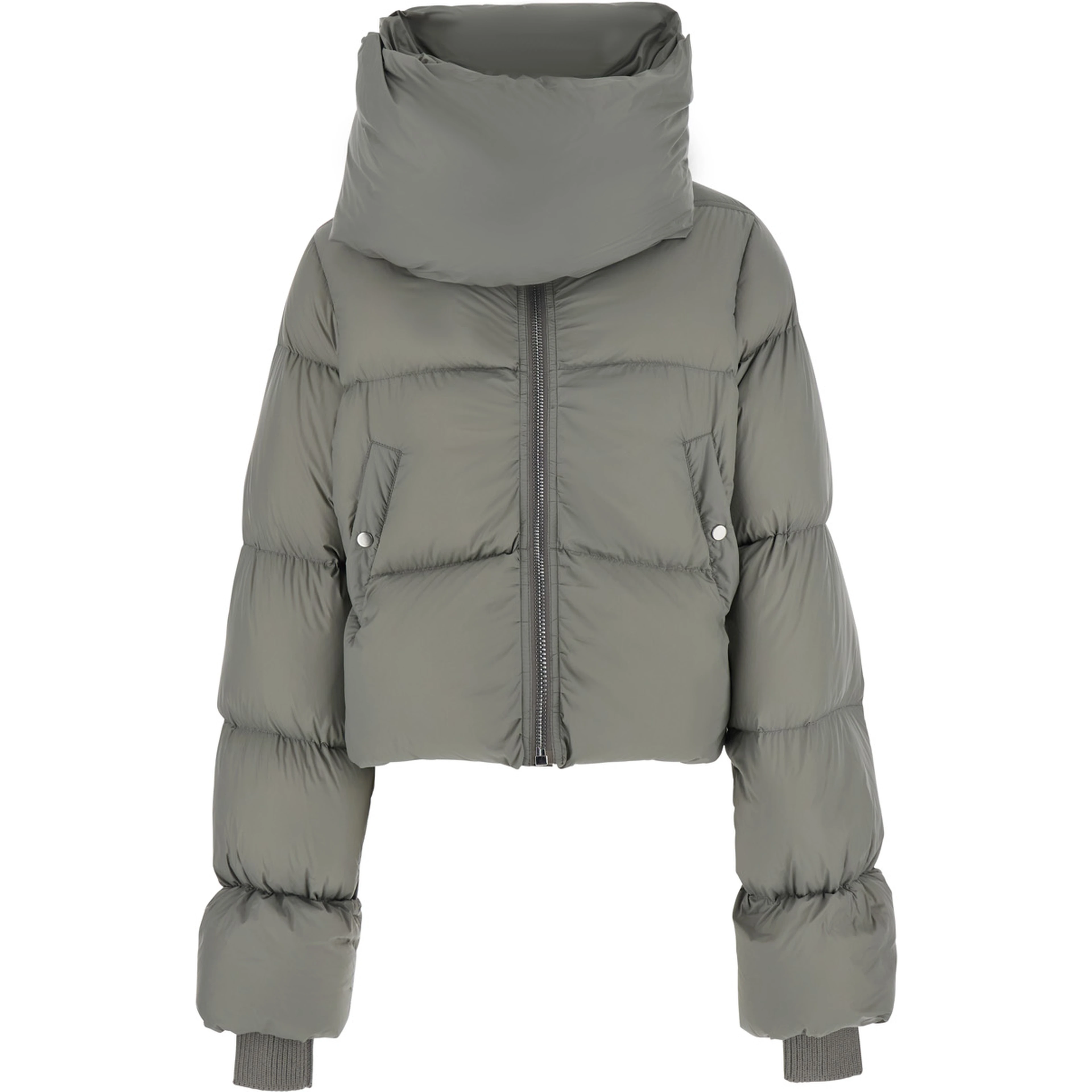 Gray Down jacket with high collar and two welt pockets on the front in tech fabric for women