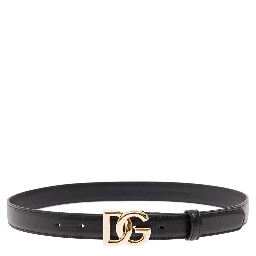 Thin Belt with DG Buckle in Black Gold Metal Leather for Women