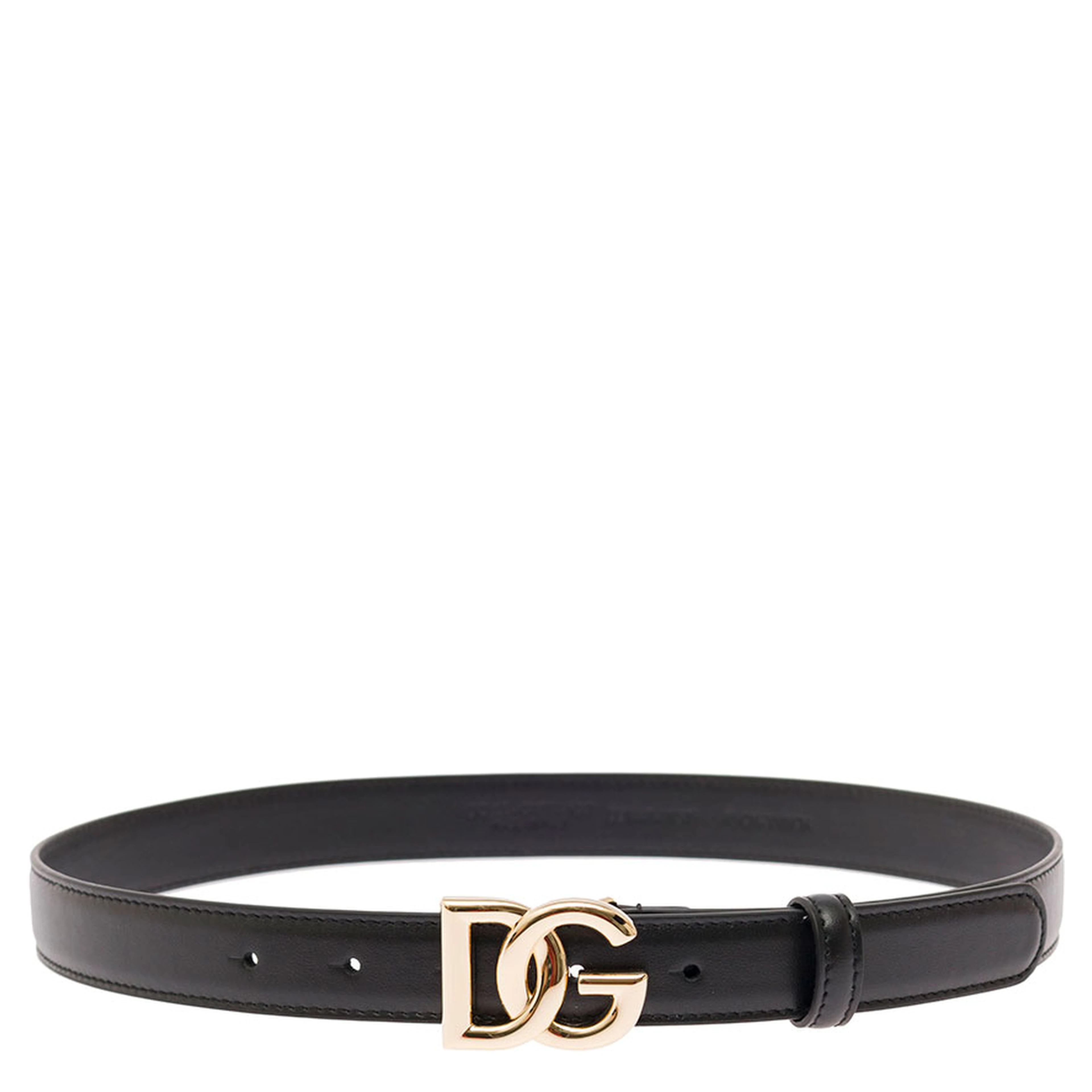 Thin Belt with DG Buckle in Black Gold Metal Leather for Women
