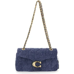 Blue Crossbody Bag with Chain Handles and Logo Plate on the Front in Suede for Women