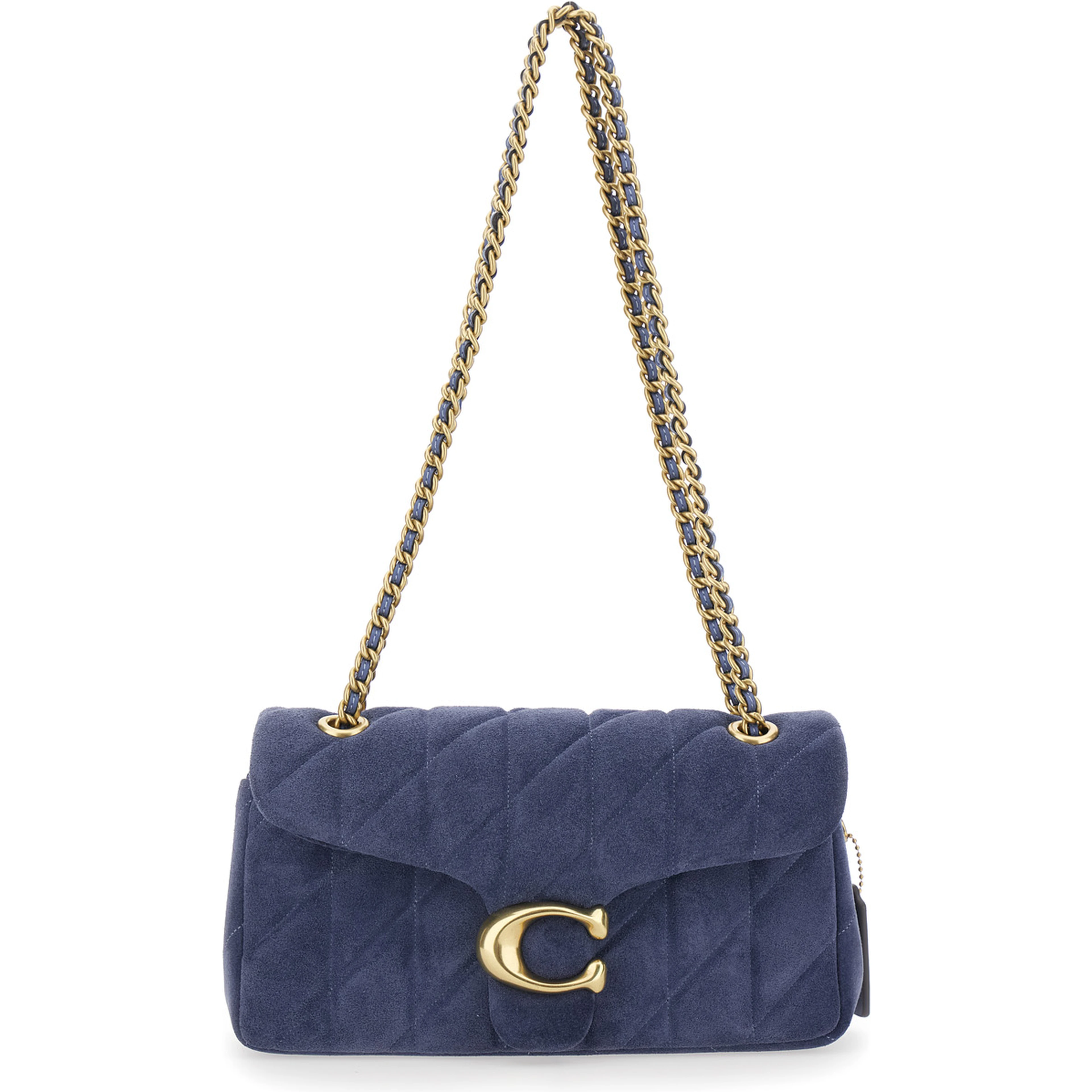 Blue Crossbody Bag with Chain Handles and Logo Plate on the Front in Suede for Women