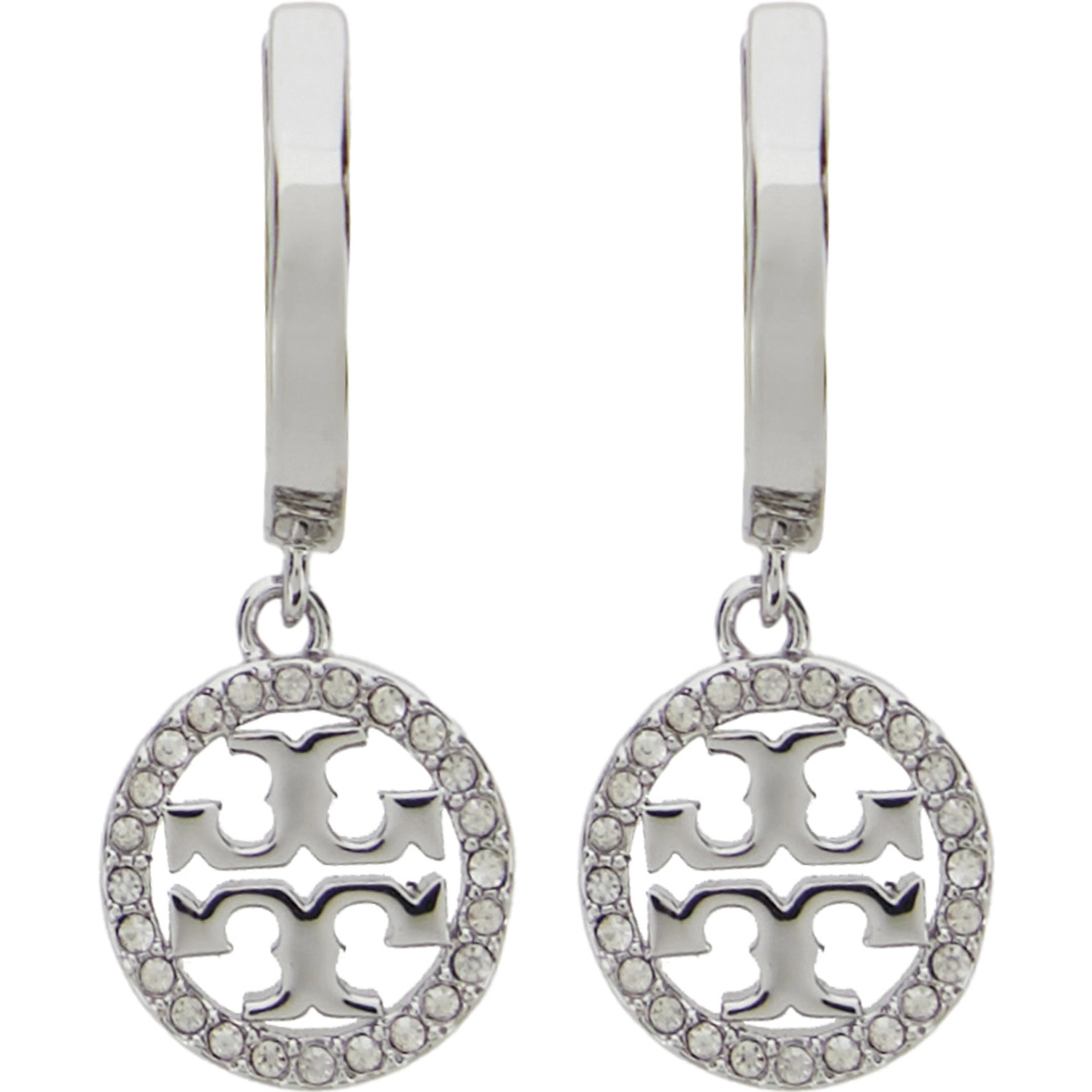 Earrings Icon with Double T Logo Pendant in Brass Blend Plated Silver Metallic for Women