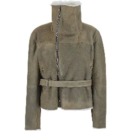 Gray High-neck cropped shearling jacket with off-center zip closure and front belt in suede for women
